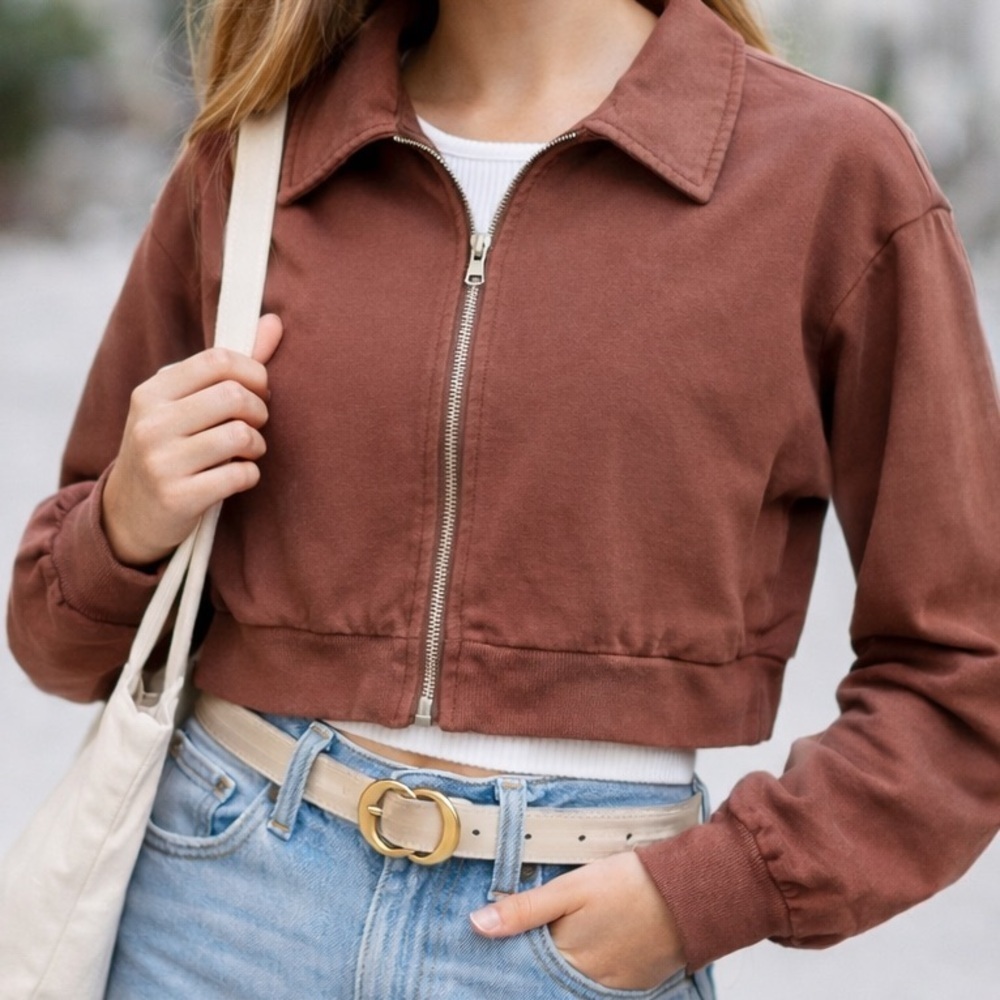 Cropped Brown Zip Jacket Y2K Minimalist Moto Women’s Small